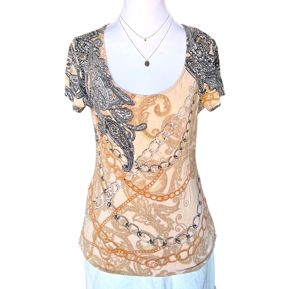 Y2K Cache Top Paisley Chain Print Lace Back Tee McBling Tan Vintage Small